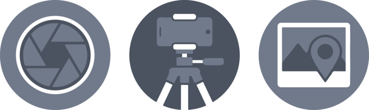 Travel Photography Concepts Icon Set with Camera Tripod and Location Photo for Tourism Blog and App UI
