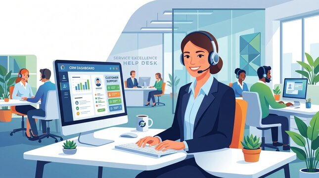 Customer support operator using computer dashboard in modern office