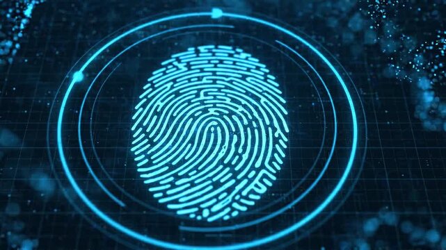 Fingerprint biometric security digital technology authentication scan data access pattern futuristic cyber protection privacy recognition electronic system blue interface background technology