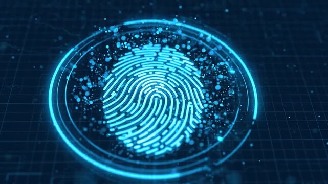Fingerprint biometric security digital technology identification authentication data scan futuristic cyber pattern access protection glowing electronic blue interface system privacy recognition