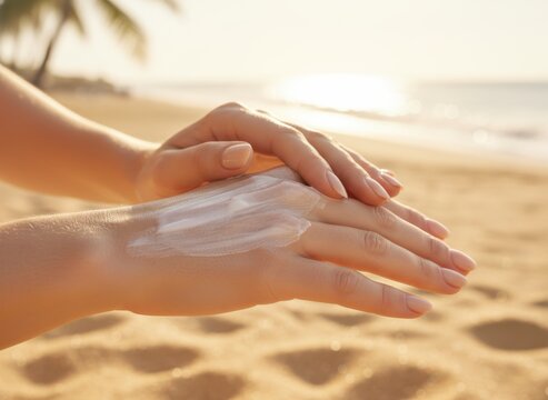 Sunscreen cream being applied to hands on a sandy beach at sunset