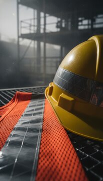Yellow hard hat and orange reflective safety vest on a metal grate at a construction site