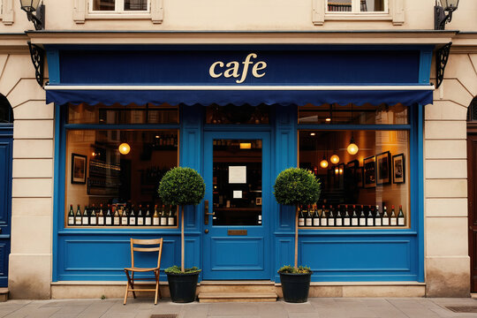 French cafe facade exterior with bright blue door and awning. Bottles of wine displayed in shop window. Two topiary trees flank entrance. Outdoor seating area with chair.