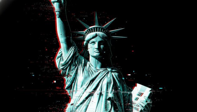 Statue of Liberty with digital glitch effect and red light on black background
