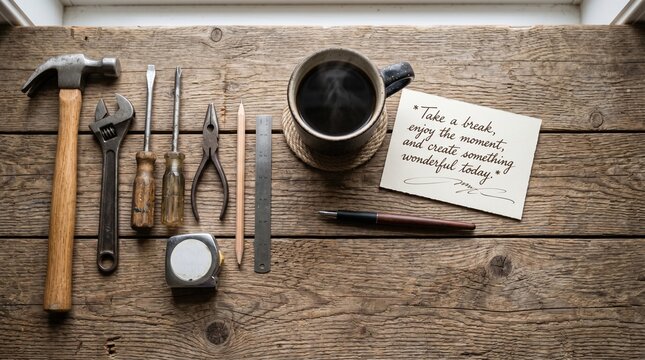 Tools and Coffee Break Awaiting Inspiration on Rustic Wooden Table