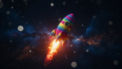 Fototapeta premium Knitted rainbow rocket ship launching through outer space with fire trail