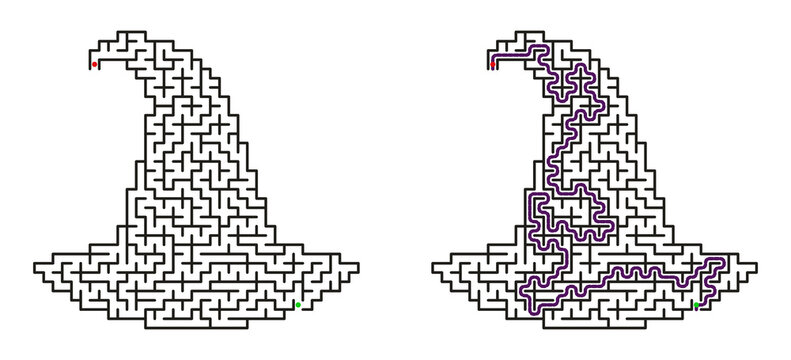 Halloween witch hat labyrinth puzzle with answer path  