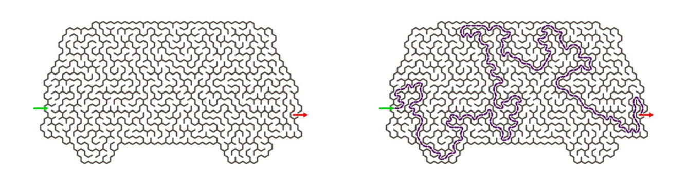 Car-shaped maze illustration with solution path and outline design  