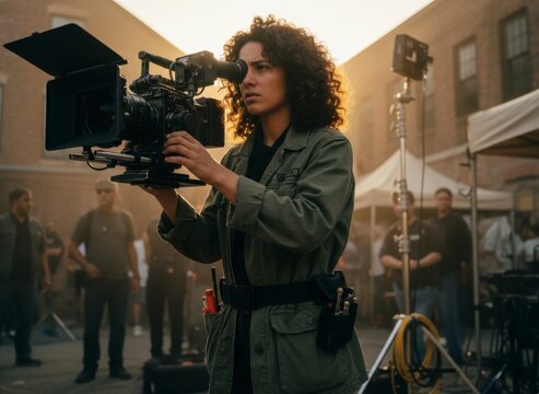 Female cinematographer operating professional cinema camera on outdoor film set during golden hour