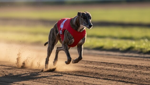 Greyhound racing on a dirt track during a competition