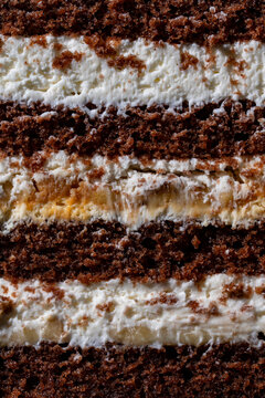 Closeup texture background of layered chocolate cake with cream filling. Macro shot of chocolate sponge cake layers with white cream and banana caramel filling background