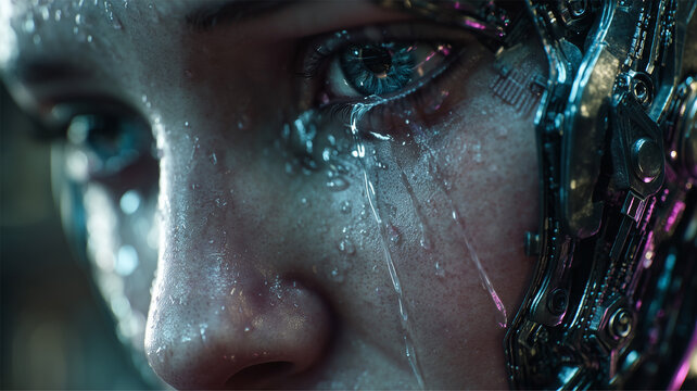 Close-up portrait of a cybernetic woman with tears, exploring artificial emotions, empathy, human-machine interaction, and the future of emotional intelligence.