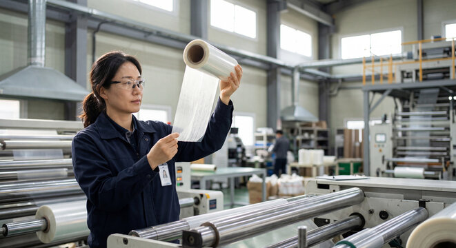 Packaging engineer examining multilayer film roll in lamination facility