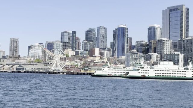 Seattle Waterfront Approach: Great Wheel and WSF Ferry at Dock