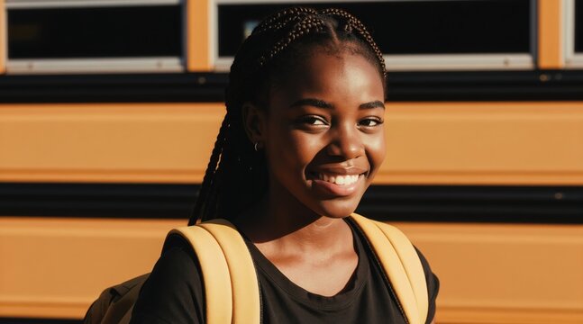 Young African American girl with backpack smiles near school bus. Happy student ready for learning. Back to school concept with cheerful teen girl. Education journey begins.