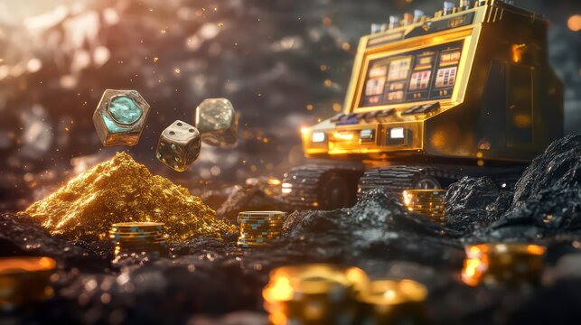 A golden slot machine and dice on a pile of gold nuggets with a black and rocky background.