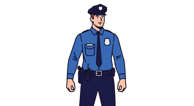 Illustration of a professional police officer in uniform standing.
