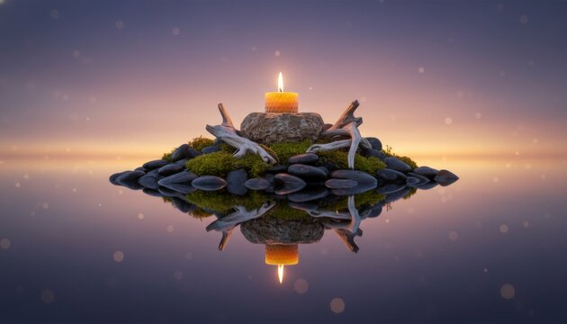 Burning candle on a stone island with moss and driftwood reflecting in calm water at twilight