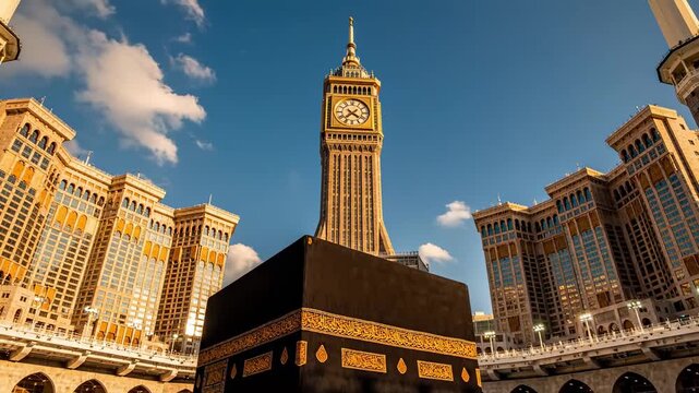 Stunning Low Angle View of the Holy Kaaba and Makkah Royal Clock Tower at Sunset, perfect for Islamic documentaries and religious presentations.
