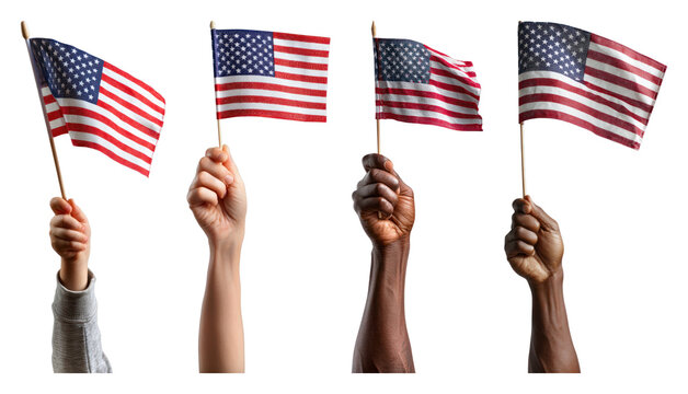 PNG Diverse hands waving American flags in unity, transparent background