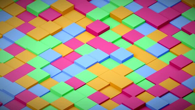 Abstract 4K colorful isometric cubes background. Full frame 3D moving square blocks seamless loop.
