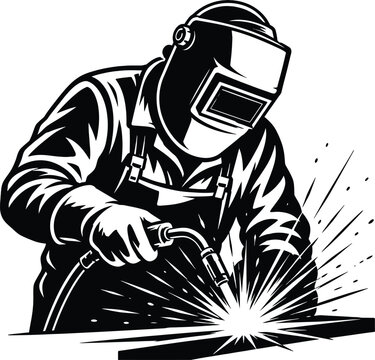 Professional welder working with welding torch and sparks vector illustration. Metalworker character in protective mask and uniform. Black and white monochrome line art logo design for fabrication wor