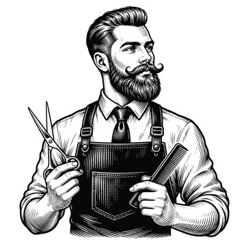 Handsome bearded barber holding scissors and comb vector illustration. Professional hairstylist character wearing apron, tie and mustache. Vintage black and white line art logo design for barber shop,