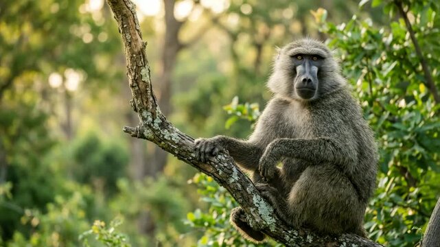 baboon on tree branch close up in serengeti tanzania golden light wildlife video