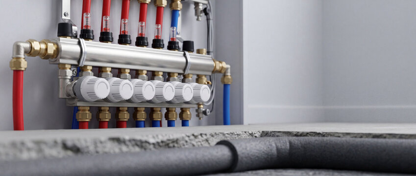 Underfloor heating manifold, thermostatic valves and insulation visible in a modern floor heating installation. Close-up shows plumbing detail, connectors and radiant heating components.