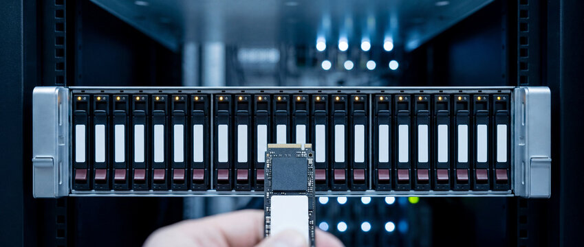 Hand installing SSD into rack server storage array in data center, enterprise it hardware