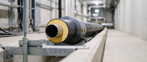 Fototapeta premium Insulated steel pipe stretches along a concrete utility tunnel, highlighting district heating and energy distribution infrastructure with thermal insulation