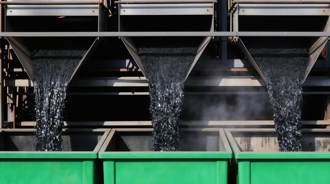 Black material pours from chutes into green bins. Industrial process involves bulk raw resource handling. Heavy machinery operates at a busy worksite during daytime operations.