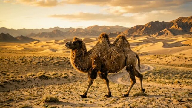 bactrian camel walking in gobi desert mongolia golden light video