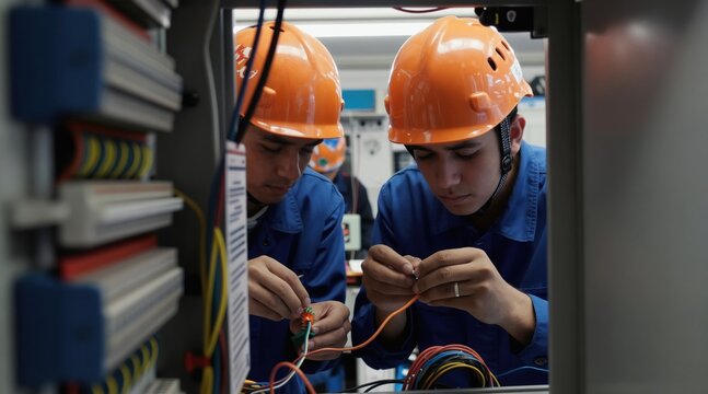Young apprentices wire electrical panel in vocational lab. Trainees wear hard hats, blue overalls. They work with wires, components on circuit board. Diverse students practice wiring skills in class.