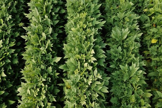 Rows of lush green goosefoot plants grow on a farm ready for harvest. This leafy vegetable is cultivated for food and herbal uses. Its vibrant foliage indicates healthy growth.