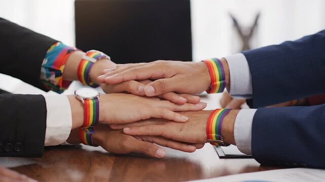 Rainbow wristband hands teamwork business diversity unity collaboration partnership office people group cooperation equality inclusion meeting gesture connection friendship togetherness