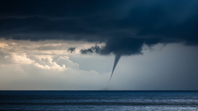 Dramatic waterspout forms amidst dark storm clouds over a vast ocean, showcasing powerful natural weather phenomena and dynamic sea conditions