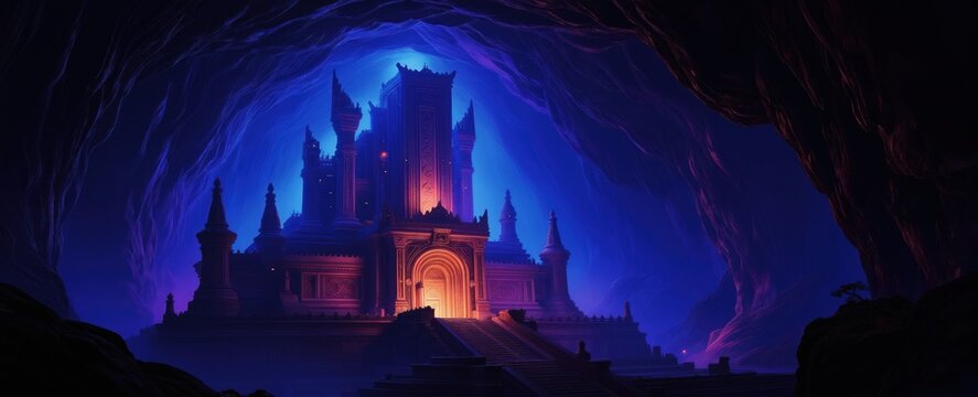 Mysterious ancient temple structure glows with warm light inside dark cavern. Ethereal blue, purple hues illuminate grand architecture, steep stairways, creating fantasy atmosphere. Majestic castle