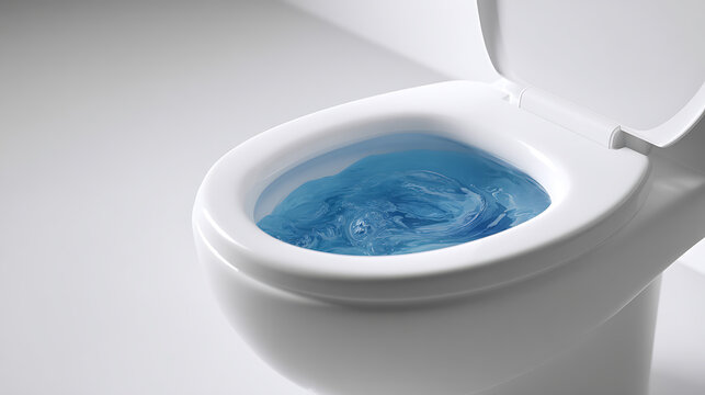Clean porcelain commode with swirling blue water in the bowl, close up view for bathroom concepts, hygiene, and modern sanitation
