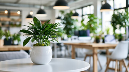 Fototapeta premium Bright modern office space with indoor plants, contemporary furniture, and natural light, productive workspace concept, defocused, with copy space