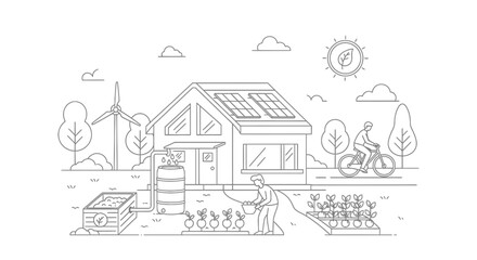 Fototapeta premium Eco-friendly house with solar panels, wind turbine, garden, and sustainable lifestyle