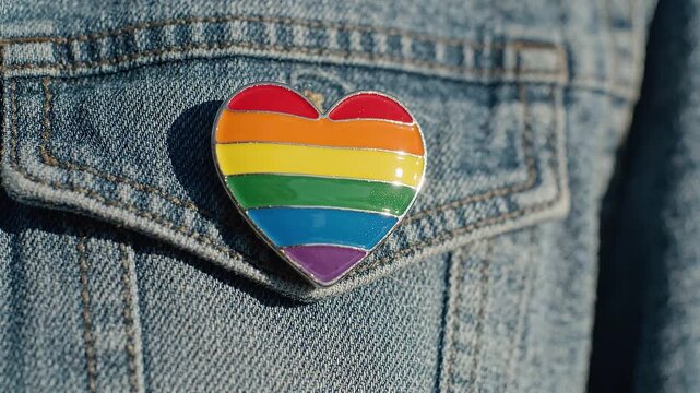 Rainbow heart pin denim jacket colorful accessory pride symbol fabric texture close up casual clothing vibrant colors metal badge pocket detail enamel bright outline fashion item outdoor love