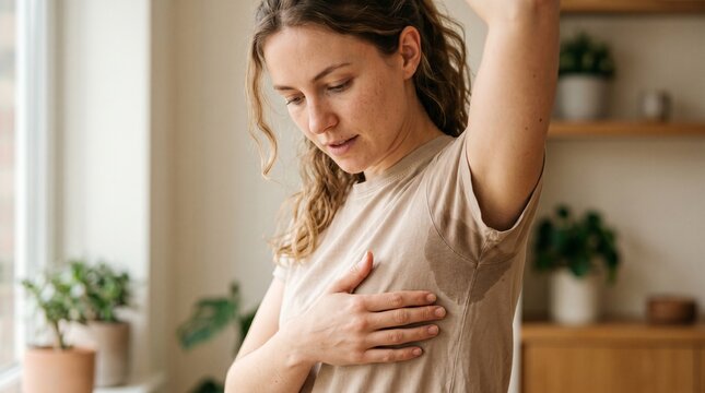Close-up woman with hyperhidrosis sweating
