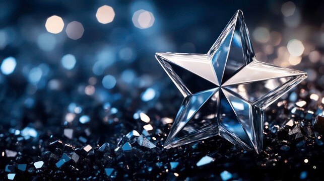 A single, clear, glass star with a 5 pointed design sits on a bed of black glittering sequins with blue bokeh lights in the background.