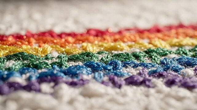 Colorful yarn crochet fabric texture close up rainbow handmade thread pattern wool knitting textile craft fiber loop stitch soft multicolor detail background art design creative material needlework
