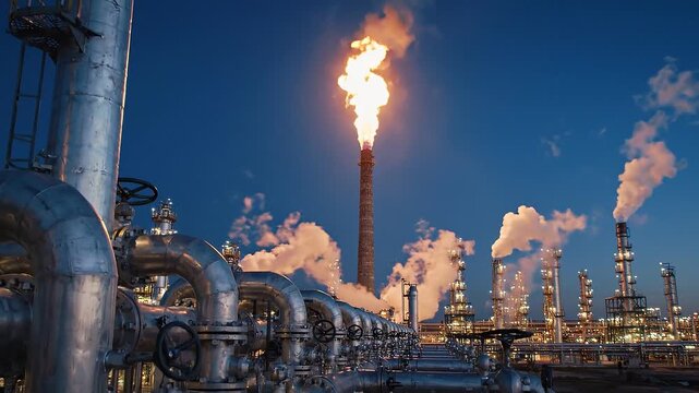 Industrial refinery and energy industry with metal pipes, valves, bright flame, and smoke rising from tall chimneys under evening and dusk skies at factory and industrial plant facility