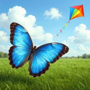 A vibrant blue common morpho butterfly gracefully flutters above a lush green field while flying a kite