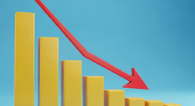 Recession business crisis declining trend and market crash economy financial loss graph with red arrow down over decreasing bar chart diagram data