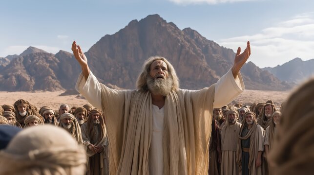 A concluding wide scene of moses addressing the gathered israelites before mount sinai with blessing, warning, and covenant responsibility under clear daylight.