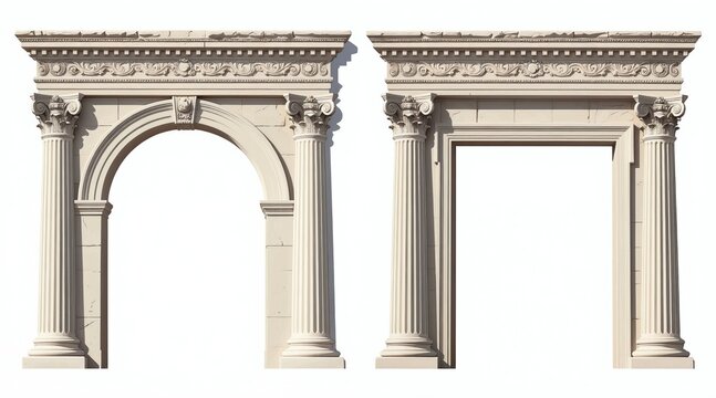 Classical stone archway and door frame with Corinthian columns. Ornate pediment with floral carvings. Ancient architectural elements for vintage design.